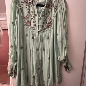 Free People Mint Green Embroidered Mini Dress